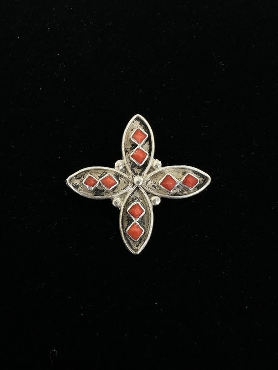 Old Early Vintage Zuni Native American Coral Sterling Silver Pin Old Early Vintage Zuni Native American Coral Sterling Silver Pin