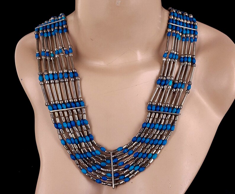 Vintage Egyptian Revival Silver Plated Dyed Wood Beaded Multi Strand Necklace 27 / Egyptian Jewelry /Egyptian Revival /Wooden Bead Necklace image 1