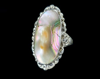 Antique Colorful Sterling Silver Abalone Blister Pearl Floral Design Ring sz 7 / Abalone Jewelry / Abalone Shell Ring / Blister Pearl Ring
