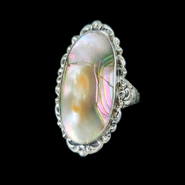 Antique Colorful Sterling Silver Abalone Blister Pearl Floral Design Ring sz 7 / Abalone Jewelry / Abalone Shell Ring / Blister Pearl Ring