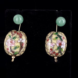 Vintage 14k Gold Chinese White Red Pink Cloisonne Bead Drop Dangle Earrings 1.5” / 14k Gold Earrings / Cloisonne Jewelry / Gifts for her