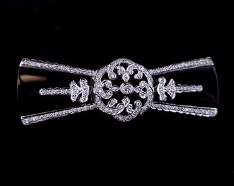 Antique Art Deco 18k White Gold F VS1 Diamond Bow Shape Bar Pin Brooch 2”
