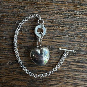 Vintage Stainless Steel Heart Charm Double Link Toggle Chain Bracelet 7.5&quot;