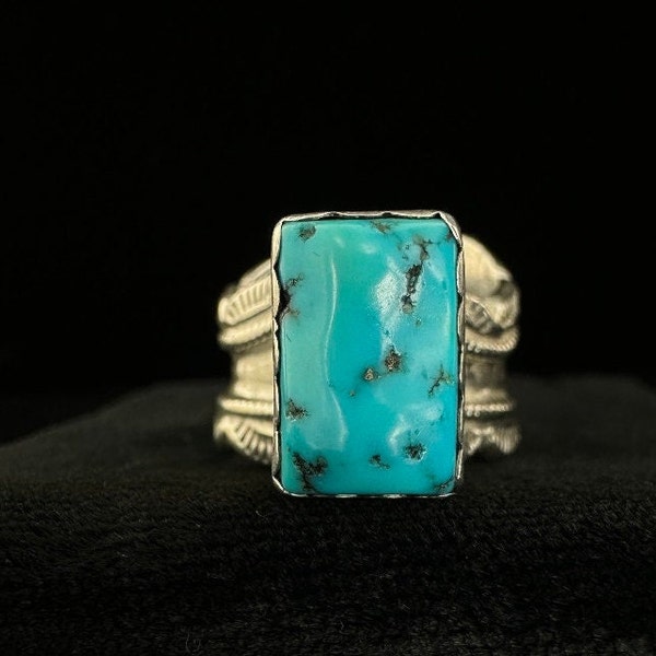 Antique Navajo Old Pawn Sterling Silver Candelaria Turquoise Nugget Ring Sz 6