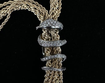 Vintage Designer Gold Over Sterling Heavy Chain Cz Snake Tassel Necklace 26"