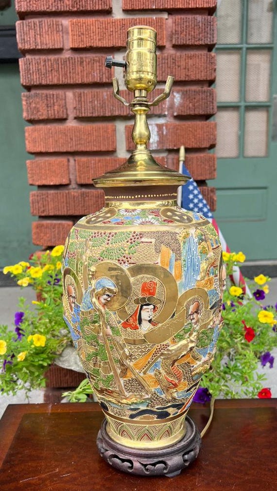 Antique Japanese Moriage Vase Lamp: Gold Gilt Immortals & Dragons