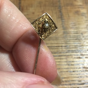 Antique Victorian 10K gold diamond Shape Filigree & Natural Seed Pearl Stick Pin/Stick Pin/10K Gold Pin/Good Gift/ Dandy Gift/Victorian Gift