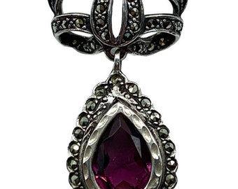 Antique Art Deco Sterling Silver Marcasite Amethyst Bow Garland Pin Brooch/ Antique Art Deco Sterling Silver Amethyst Brooch/ Art Deco Pin