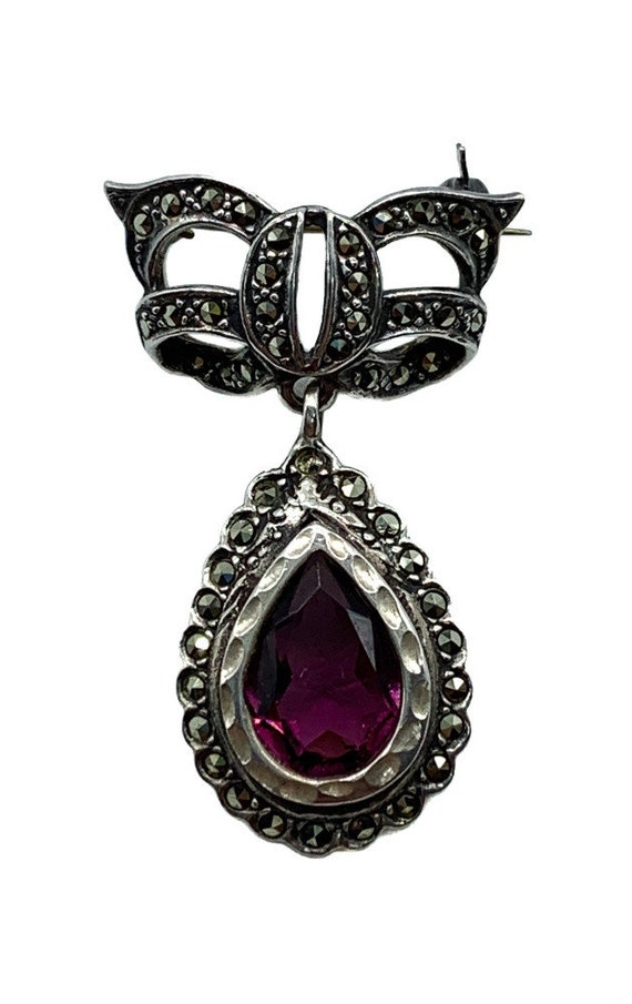 Antique Art Deco Sterling Silver Marcasite Amethyst Bow Garland Pin Brooch/ Antique Art Deco Sterling Silver Amethyst Brooch/ Art Deco Pin