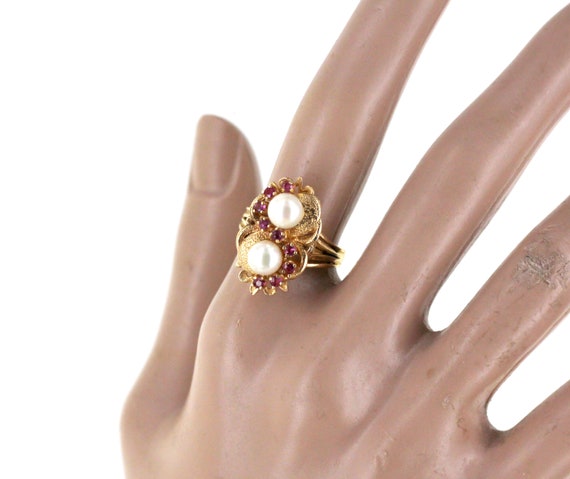 Vintage Mid Century 14k Gold Ruby Pearl Ring Size… - image 6
