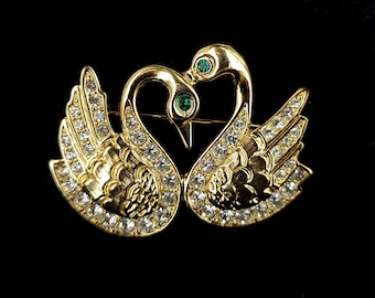 Vintage Mid Century Two Swans Brooch: Gold Tone Rhinestone Pin