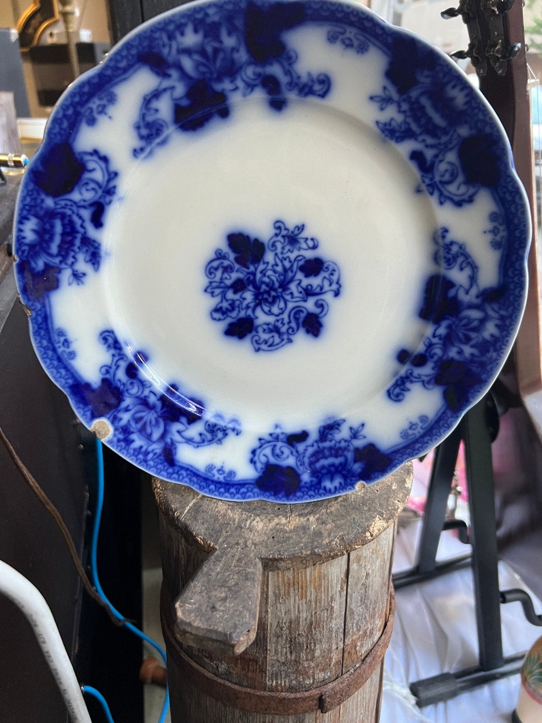 Antique Porcelain Flow Blue Roseville Dinner Plate Pair 2 Maddock