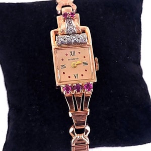 Vintage 14k Rose Gold Bulova .88cttw Diamond Rubies Ladies Watch Expansion Bracelet/Serviced/ Works! / Good Gift / Gift for her/Gift for Him