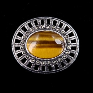 Vintage Sterling Silver Tigers Eye Marcasite Oval Design Brooch Pin 1.5” / Tigers Eye Jewelry / Gemstone Pin / Gifts for her / Good Gift