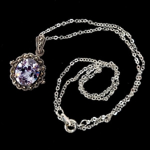 Vintage Sterling Silver Pastel Purple Cubic Zirconia CZ Marcasite Pendant Necklace / Crystal Necklace / Marcasite Jewelry /Sterling Necklace