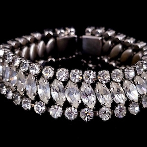 Vintage Art Deco Silver Tone Clear Paste Rhinestone Bracelet 7”