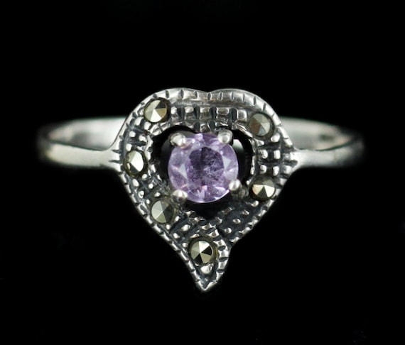 Bague Ancienne Style Art Déco En Argent 925 - Marcassites Et Améthyste - Taille 56 - Bijou Vintage Unique