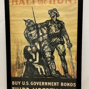 Antique Original WW1 Poster “Halt the Hun” Third Liberty Loan Drive Propaganda/ Good Gift/ WWI Poster/ Militaria Poster/ War Bonds/ Man Cave