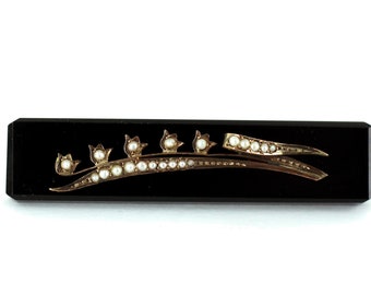 Antique 14k Gold Seed Pearl Flower on Black Onyx Mourning Pin Brooch 2.25" / Victorian Brooch / Mourning Jewelry / Onyx Jewelry