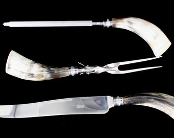 Vintage Latham & Owen Stainless Steel Horn Handle Carving Set of 3