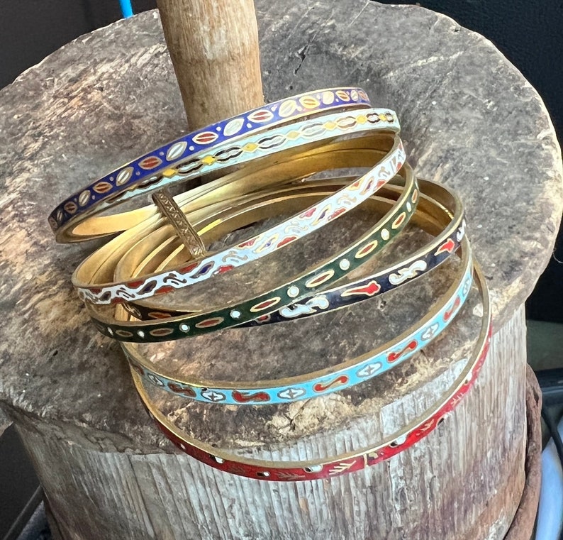 Antique Deco 1920s Cloisonné Set 7 Blue Red Green Attached Bangle Bracelets 8/ Good Gift/ Cloisonné Bangles/ Deco stack of Bangles/ Gift image 2