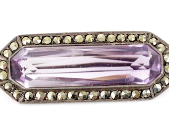 Antique Deco Sterling  BIG 13.64ct Amethyst Austro-Hungarian Marcasite Bar  Pin/ Good Gift/ Gift for Her/ Gift for Her/Amethyst/Gift