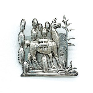 Vintage Peruvian Inca Llama Cactus Scene Sterling Silver Pin Brooch/ Vintage Inca Sterling Silver Llama Brooch/ Sterling Llama Brooch