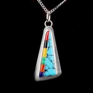 VTG DG Sterling  Inlayed Turquoise Coral Onyx Shell Lapis Malachite Necklace 18&quot;/ Inlayed Gemstone Pendant Necklace/ South Western Pendant