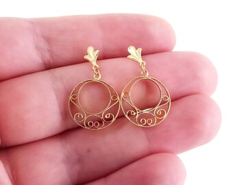 Aros colgantes vintage de oro amarillo de 14 k con diseño de milgrain y metal abierto de 1,15" / Joyas de oro de 14 k / Regalos para ella / Joyas de filigrana