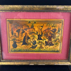 Vtg Middle Eastern Framed Small Hand-Painted Gathering Scene on Camel Bone