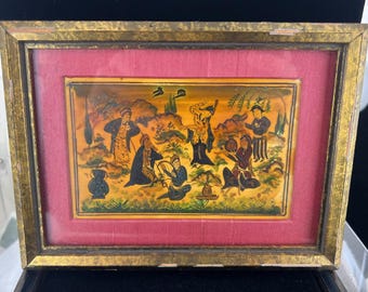 Vtg Middle Eastern Framed Small Hand-Painted Gathering Scene on Camel Bone