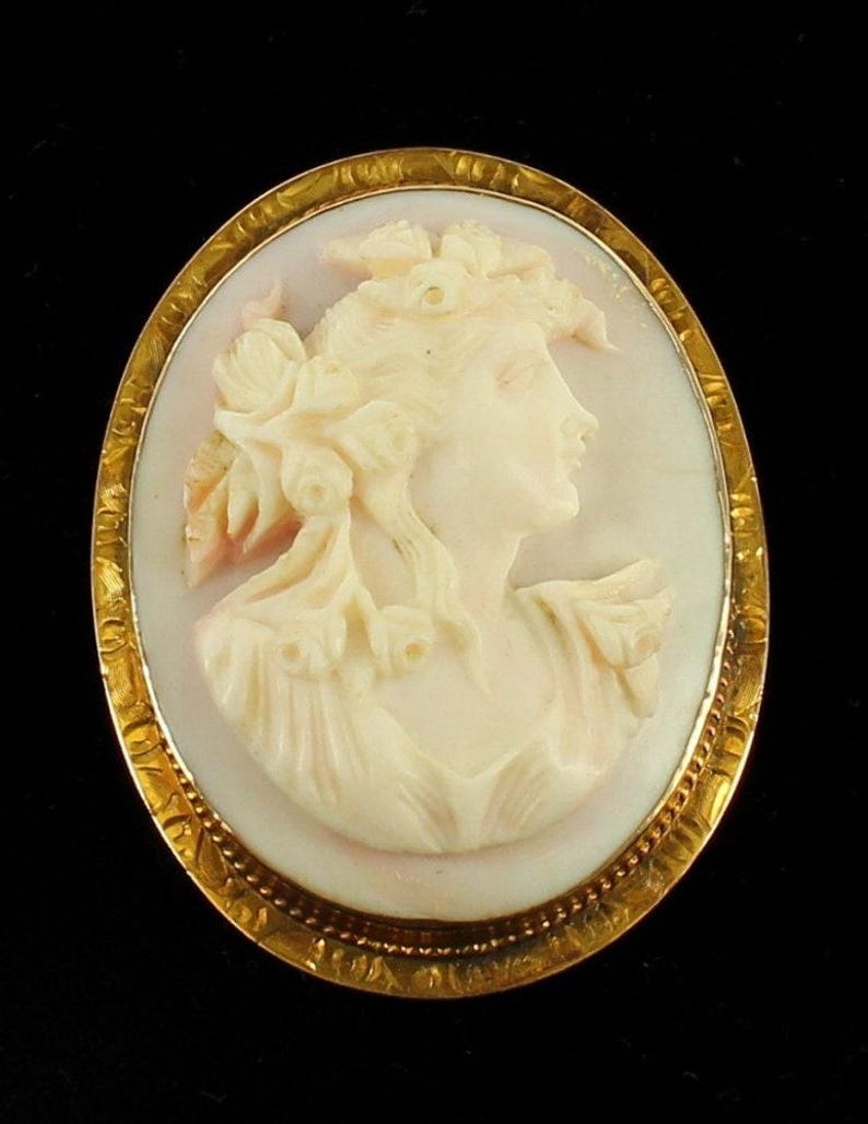 Antique 8- 10k Gold Pink Conch Nouveau Lady Cameo Pin Pendant Orig Box Victorian/ 1960's Civil War Era Cameo/ Civil War Reenactment image 3