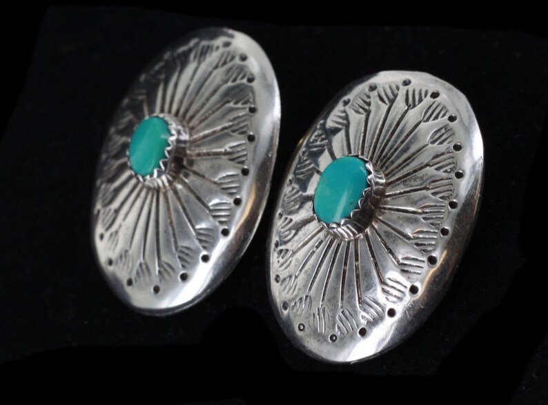 Vintage Native Old Pawn Sterling Concho Sleeping Beauty Turquoise Earrings