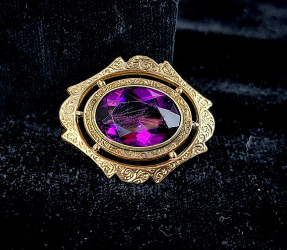 Antique Gold Filled GF Purple Amethyst Paste Glas… - image 1