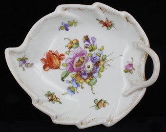 Antique Dresden Hand Painted Single Handle Nappy Leaf Candy Server, Nut Dish, Dresden Germany/ Dresden Porcelain/Dresden Ring Dish/Good Gift