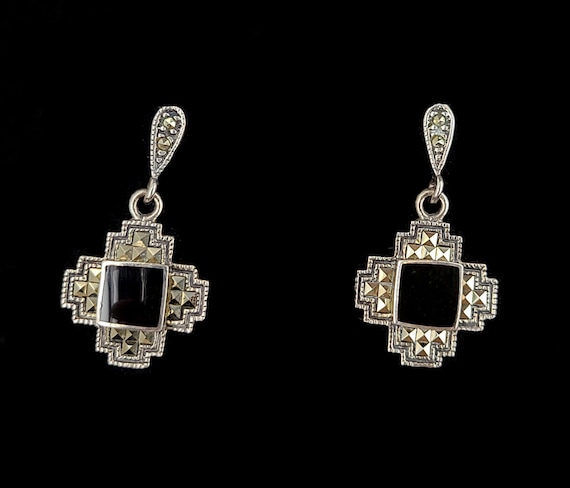 Vintage Art Deco Sterling Silver Marcasite Black … - image 1