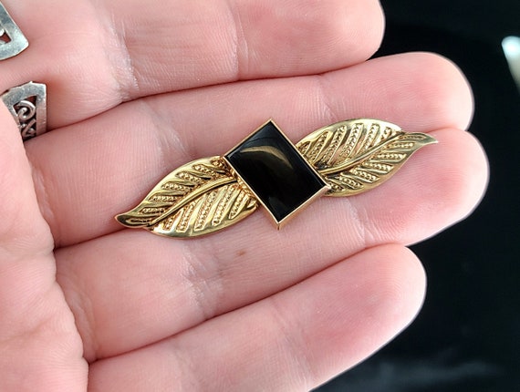 Antique 12k Gold Filled GF Black Onyx Leaf Design… - image 2