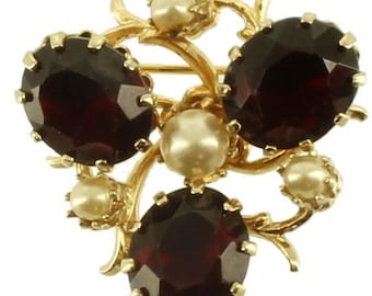 Vintage Judy Lee Pretty Faux Bohemian Garnet & Faux Pearl Pin 1.25"W Signed