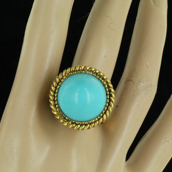 Vintage Hollywood Regency  1960's Aqua Cab-Sits High-Palm Springs- Gold Plated Ring Adj  5-9/Glamorous ring/Palm Springs Ring/Cocktail ring