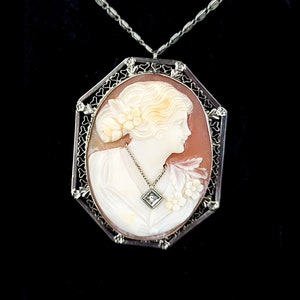 Antique Edwardian Deco 14k White Gold Cameo Habille Brooch Pendant Necklace 18.75” / Cameo Jewelry / 14k White Gold Jewelry / Gifts for her
