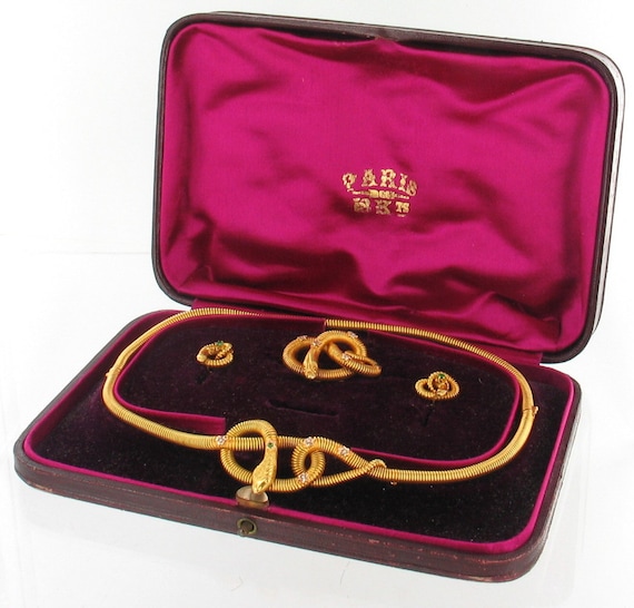Antique French 14K Gold Snake Parure Necklace Brac
