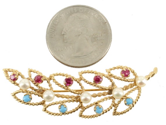 Vintage 14k Gold Filigree Ruby Turquoise Pearl Le… - image 5