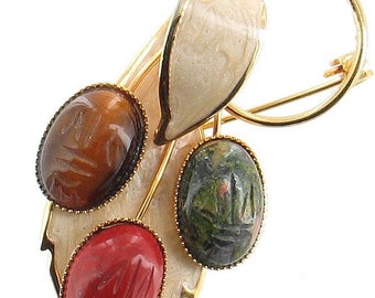 Vintage Egyptian Revival Multi Gemstone Scarab Enamel Leaf Brooch Pin/ Vintage Egyptian Revival Scarab Brooch/ Vintage Egyptian Jewelry