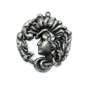 Vintage Art Nouveau Revival Silver Plated Lady Leaves In Hair Pendant/ Vintage Art Nouveau Style Romanesque Maiden Pendant/ Nouveau Pendant