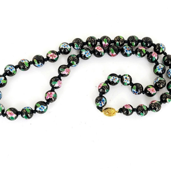 Vintage Chinese Export 12mm Black Blue Pink Cloisonné Bead Hand Knotted Necklace 26" / Handmade Jewelry / Vintage Necklace / Gifts for her