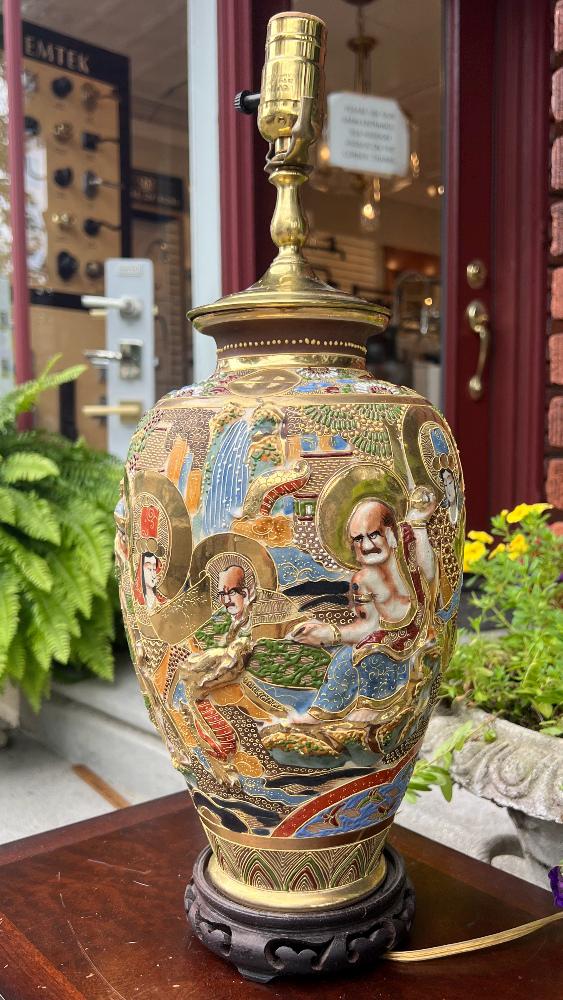 Antique Japanese Moriage Vase Lamp: Gold Gilt Immortals & Dragons