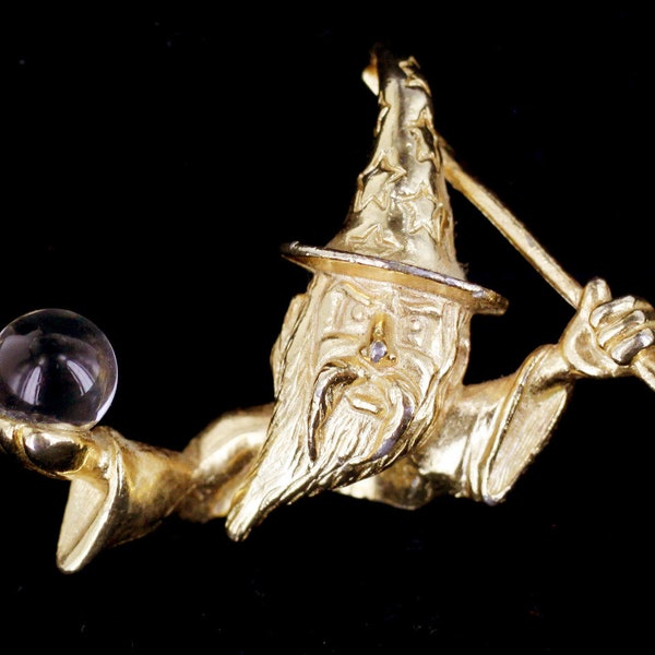 Vintage Gold Tone Wizard Holding Crystal Ball and Staff Figurine 1960's