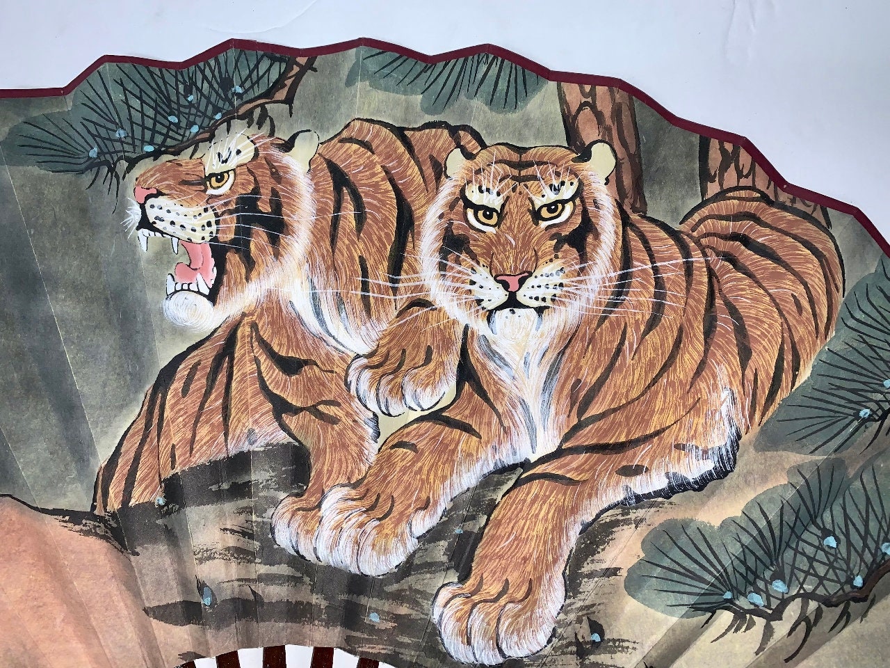 Vintage MCM Huge Chinese Paper Fan Hand Painted Tiger Calligraphy