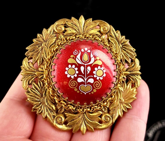 Vintage Miriam Haskell Red Enamel Floral Brooch -… - image 3