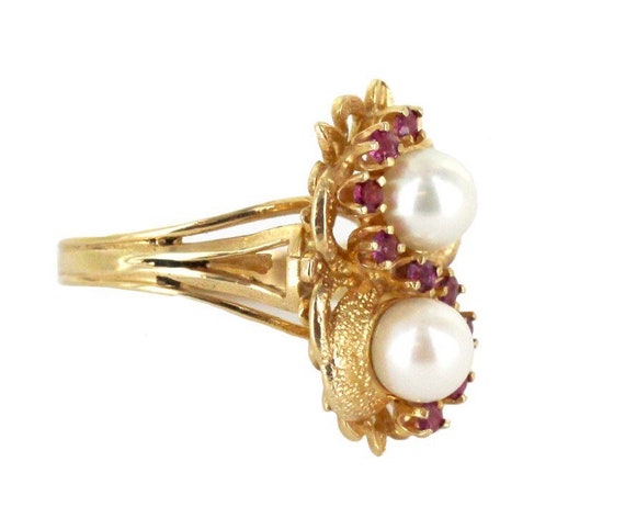 Vintage Mid Century 14k Gold Ruby Pearl Ring Size… - image 2